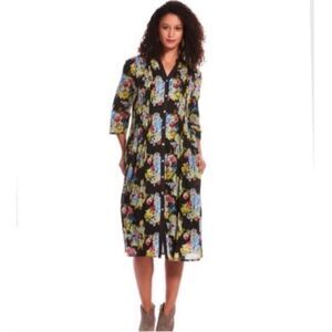 The J. Peterman Co Floral Pleated Boho Shirt Dress In Black Size M